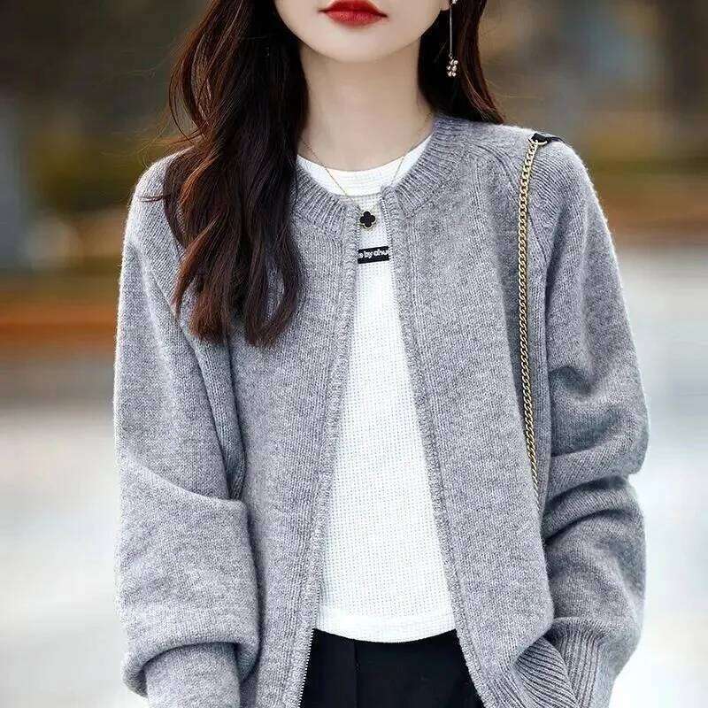 Knit Women Cardigan Casual Full Sleeve Zipper O Neck Pleated Solid Lady Sweater 2025 Autumn Fashion Female Knitwear Z260313