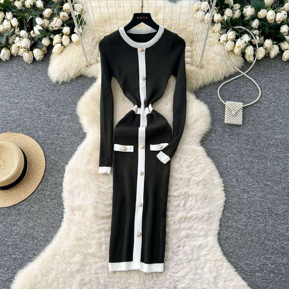 REALEFT Autumn Winter Vintage Patchwork Single Breasted Women's Knitted Dress High Waist O-neck Long Sleeve Sweater Dresses Z260313