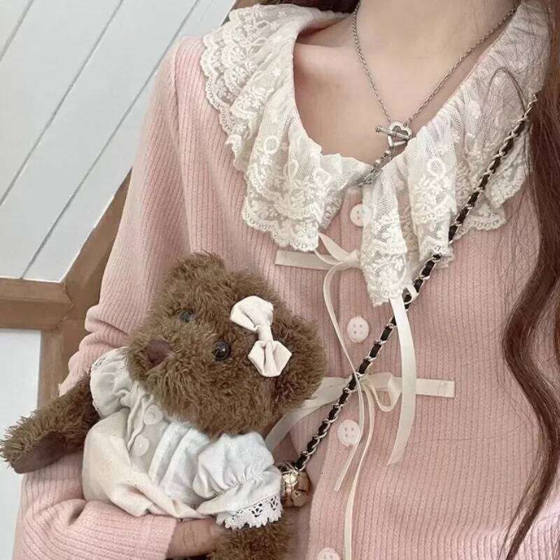 Long Sleeve Knitted Cardigans Women Single Breasted Patchwork Sweet Lace Fall Winter Lovely Casual Tops Bow V-neck All-match Ins Z260314