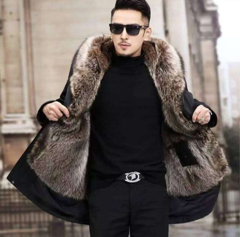 Men's Parka Coat Faux Fur Collar Detachable Medium-Length Winter Jaet Long Sve Hooded Casual Outerwear Z260313