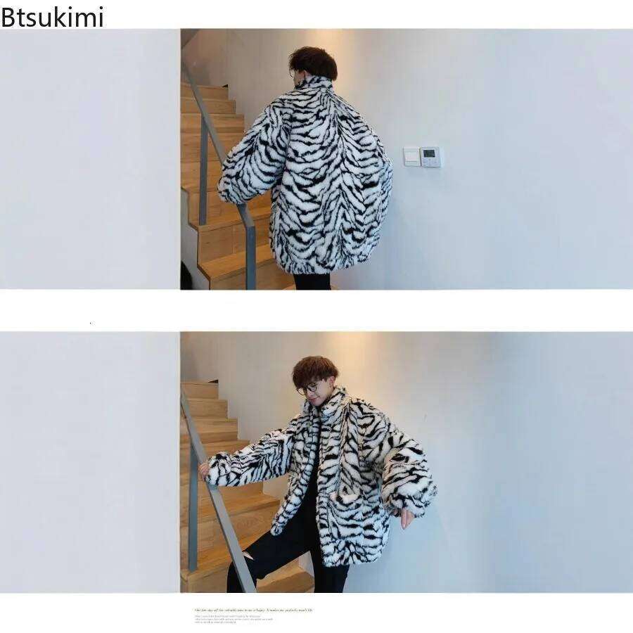Fashion Tiger Stripes Print Men Loose Fluffy Faux Fur Long Sleeve Casual Warm Coats Autumn Winter Harajuku Retro Jackets Z260313