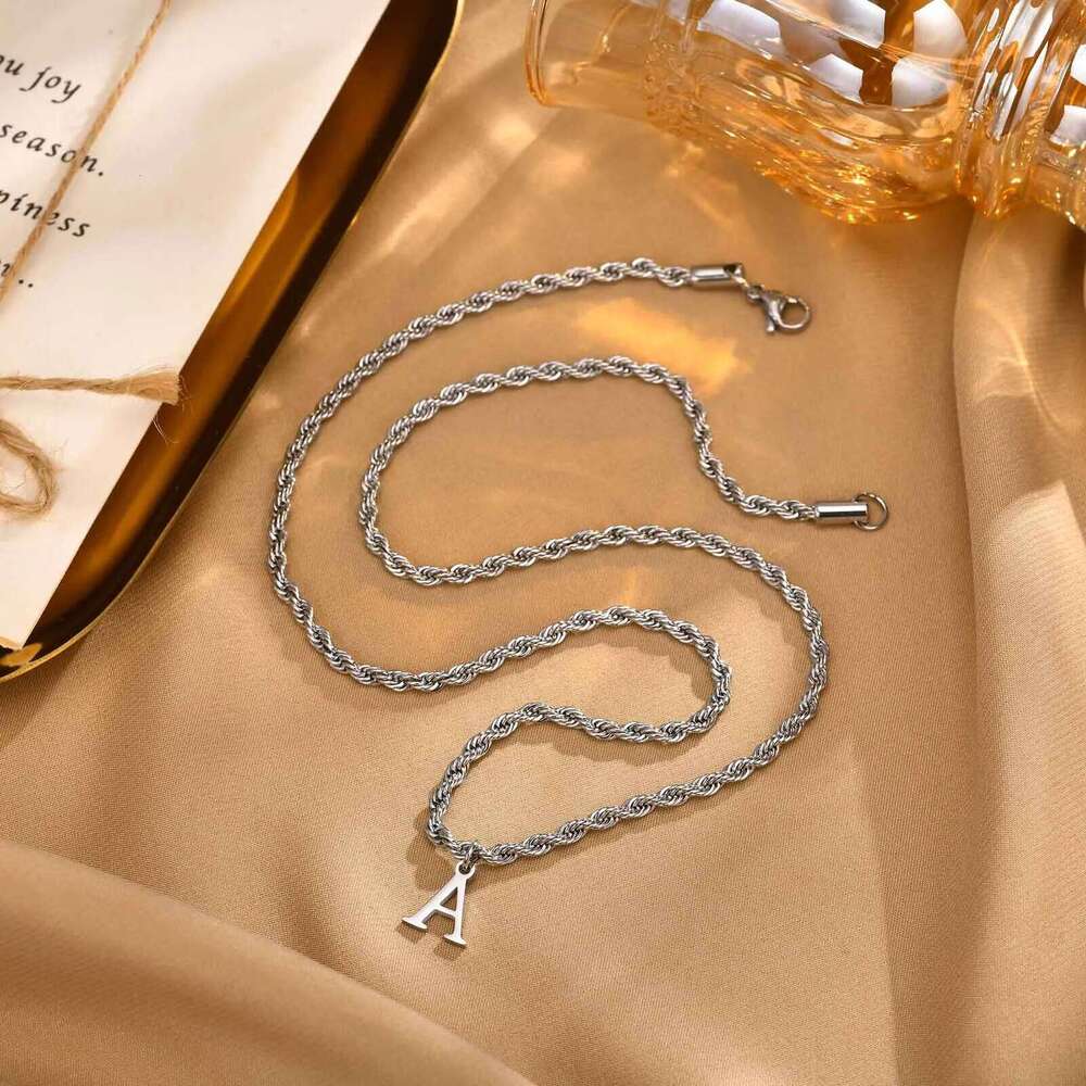 Initial Letters Necklaces for Men Boys,Stainless Steel A-Z 26 Alphabet Charm Pendant with 60CM/23.6" Twisted Rope Chain Gift H260312