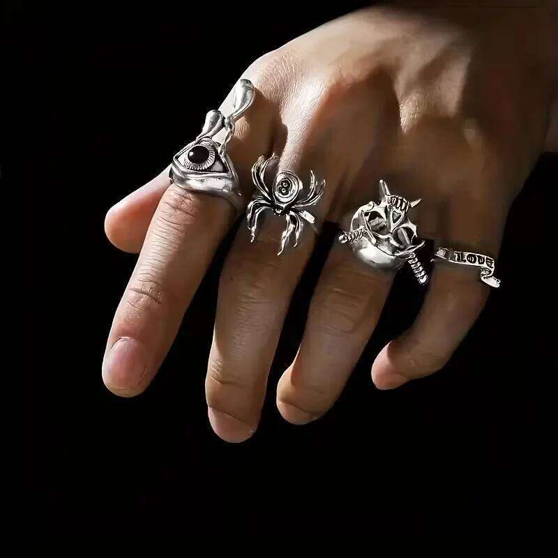 24Pieces Vintage Punk Rings Set For Women Men Mix Style Hip Hop Heart Flowers Skull Eye Finger Ring Jewelry Party Gift H260312