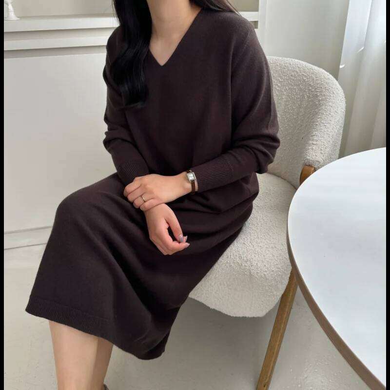 Autumn Winter Casual Loose Women's Knitted Dresses 2025 New Long Sleeve V-neck Elegant Koream Knitting Dress Female Z260314