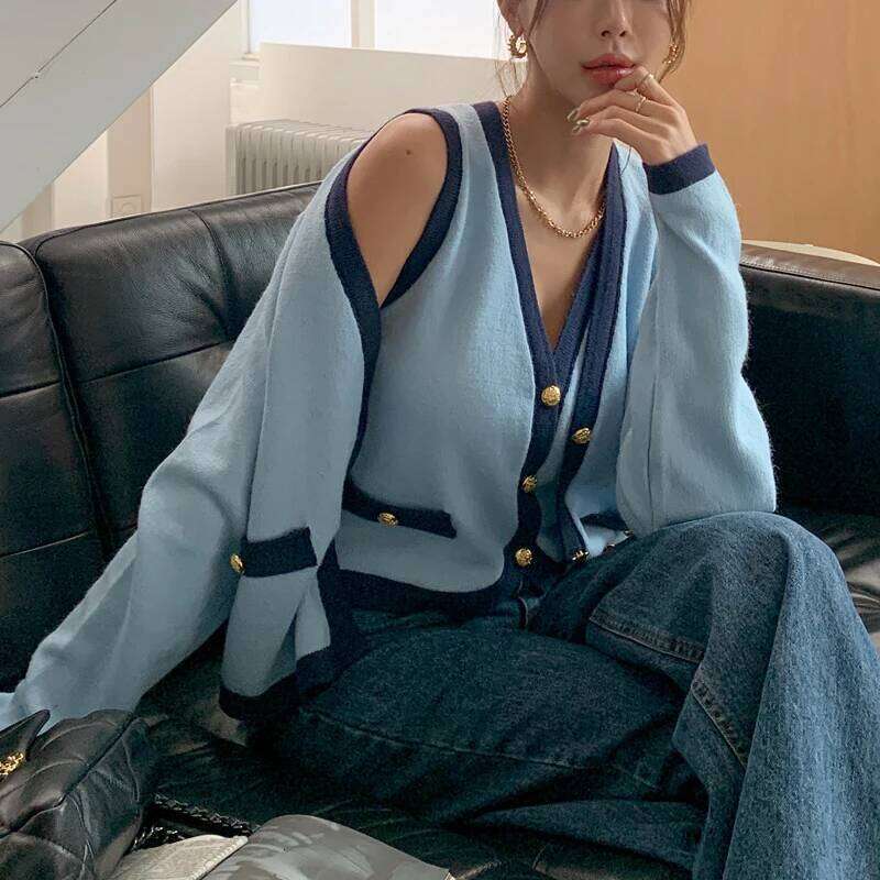 New High Quality Spring Knitted Long Sleeve V-neck Cardigan Coat + Sexy Short Camisole Crop Top Sweater Two Piece Sets Elegant Z260313