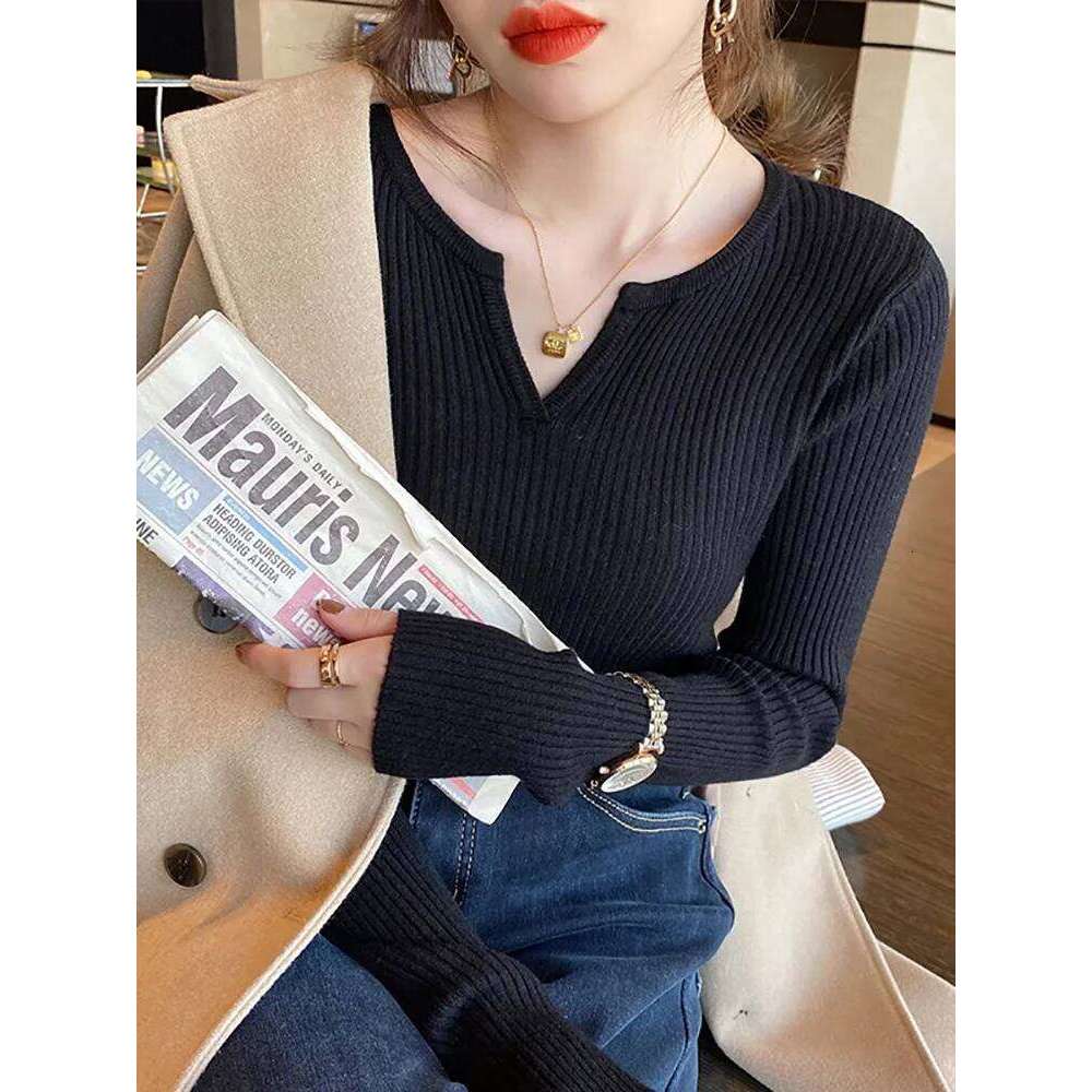 2025 Autumn Winter Women Sweater Solid Rib Knit V Neck Stripe Pull Femme Y2k Long Sleeve Pullover Jersey Tops Fashion Clothes Z260314