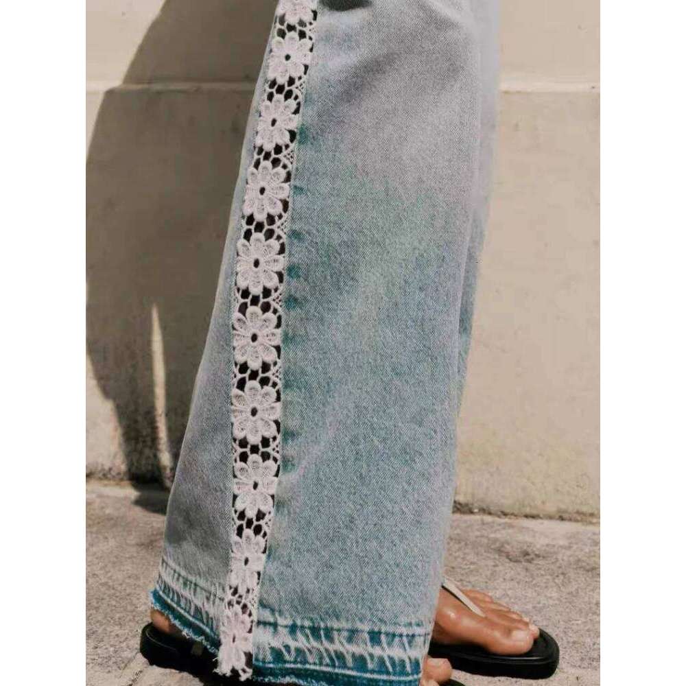 2025 Ropa Y2K Fashion Hollow Lace Patchwork Vintage Blue Baggy Jeans Pants For Women Clothing Korean Casual Lady Denim Trousers Z260313