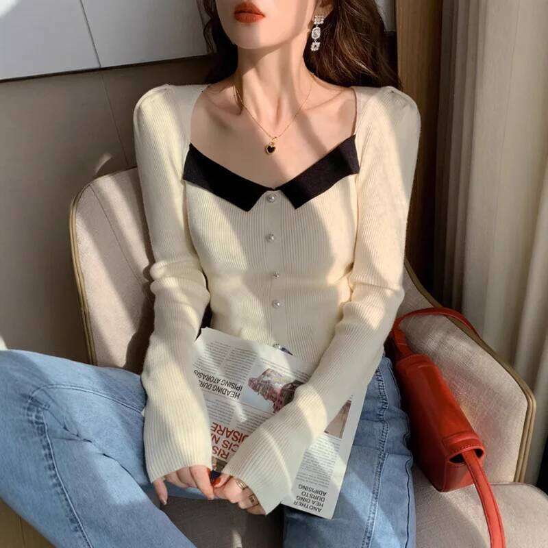 Fashion Elegant Color Block Knitwear Women Spring Autumn New Design Sweater Pullover Slim Fit Versatile Slimming Top Z260313