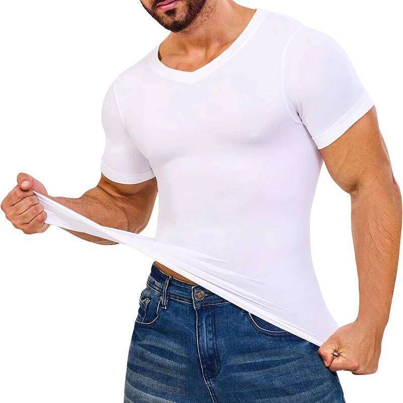 Men V Neck Compression Shirts Short Sleeved Body Shaper Slimming Undershirt Workout Abs Abdomen Tummy Control Shapewear Tops 26Y0313