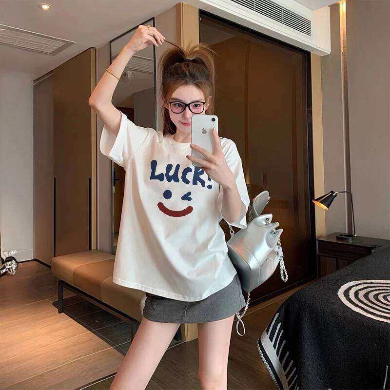 Cute smiley face Print Women Summer 2025 New 100%Cotton Korean Short Sleeve Loose T-shirt casual Y2k Top Female clothing Z260314