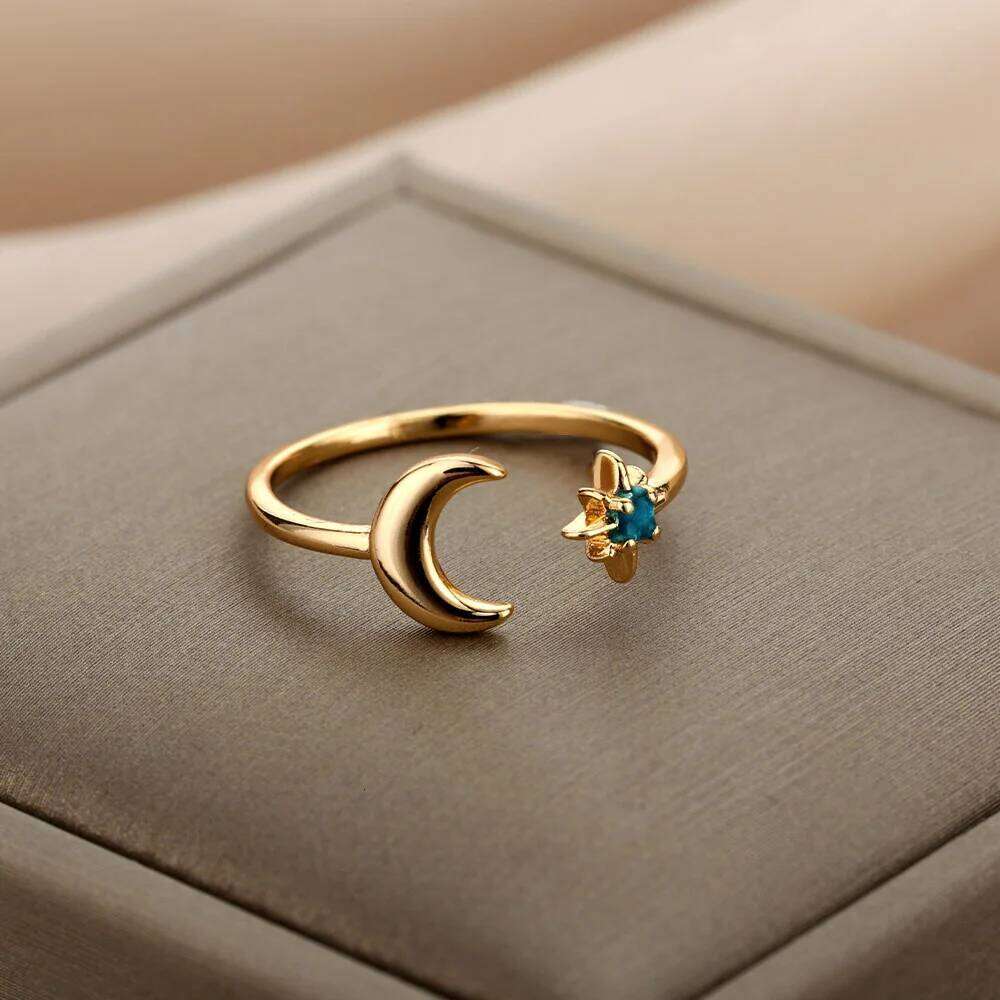 Zircon Rings For Women Stainless Steel Glowing Moon Star Adjustable Finger Ring Aesthetic Wedding Jewelery Gift Femme H260312