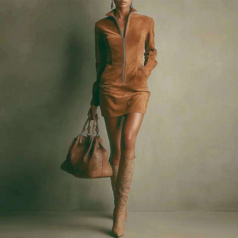 Western Retro Solid Suede Dresses Woman Turn-down Collar Zipper Slim Hips New Fall Long Sleeve Irregular Dress 2025 Z260313