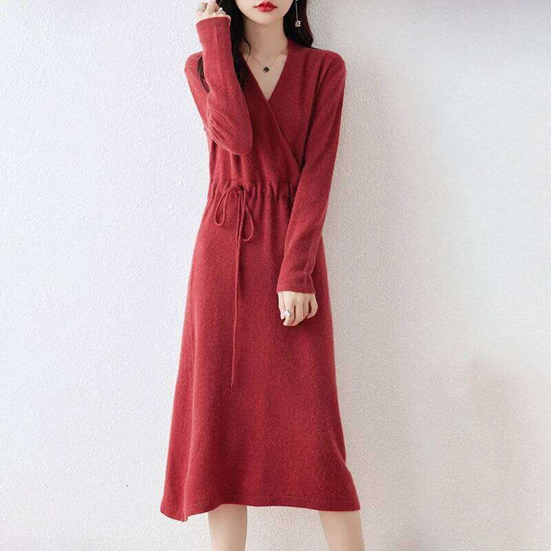 Autumn And Winter New 100% Pure Wool V-Neck Solid Color Lace-Up Long Cashmere Knit Bottoming Sweater Dress Z260314