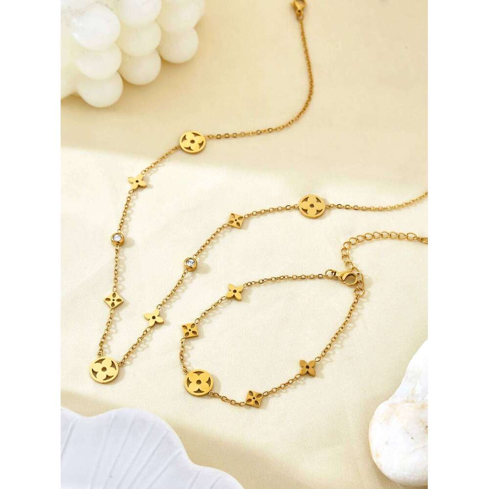 Old Money Style Temperament Personality Charm Stainless Steel 18K Gold-Plated Diamond Cr Jewelry Set Female H260312