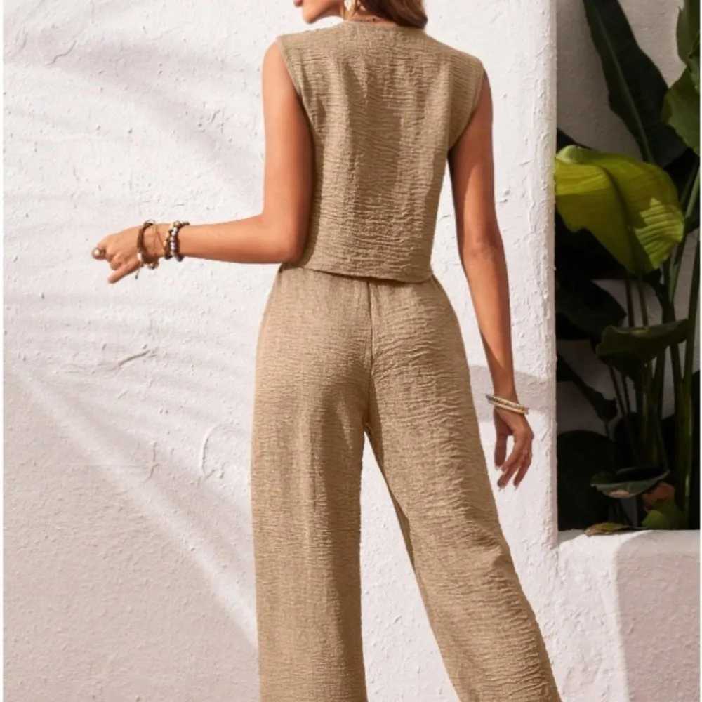 Casual Cotton Trousers Set Summer Loose Comfortable V-neck Single-breasted Sleeveless Vest Elastic Waist Trousers Two-piece Set M260313