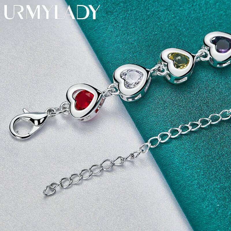 URMYLADY 925 Sterling Silver Heart inlaid With Multi-color AAA Zircon Chain Bracelet For Woman Wedding Engagement Party Jewelry Z260313
