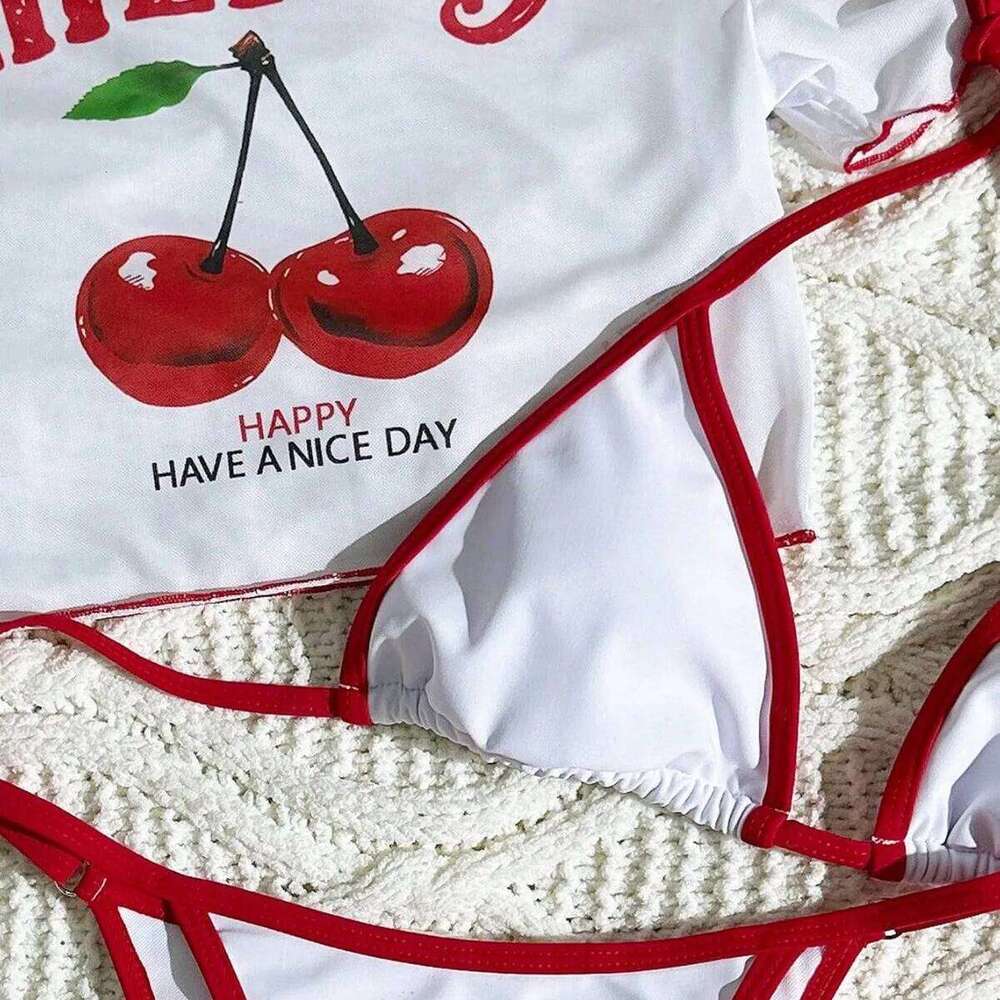 2026New Three-pieces Bikini Set Cherry Printed Short Sleeve Swimsuit Women Swimwear Bather Bathing Suit Swim Biquine Brasileiro Y260303