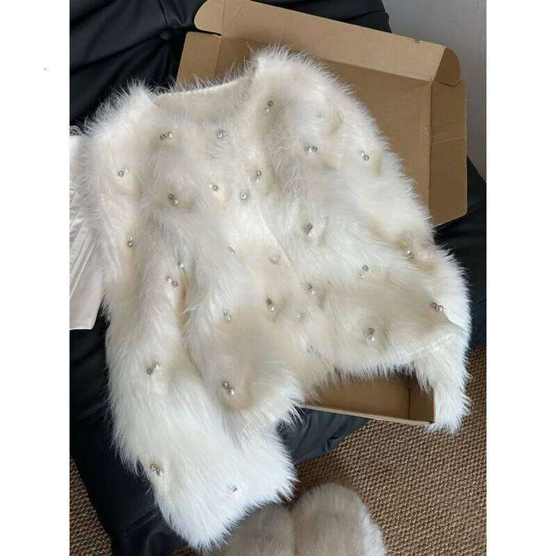Chic Pearls White Cardigan Sweaters Women Elegant Sweet Faux Mink Cashmere Coats Korean Long Sleeve Fashion Knitted Tops Z260313