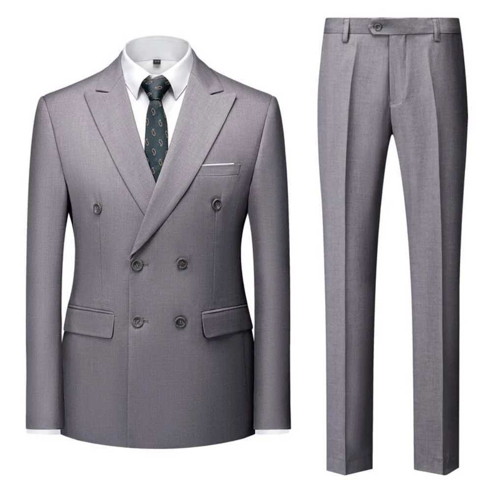 Solid Man Double-breasted 2 Piece Suit with Peak Lapel for Men Wedding Business Casual Graduation Outfit Set a03 M260313