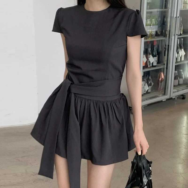 SUCHCUTE Casual Waist Tie A Hem Solid Color Dress For Women Harajuku y2k Streetwear Short Sleeve O-neck Mini Dress Summer KoreanT260314
