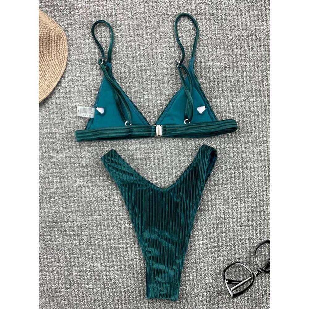 Ribbed Metallic Velvet Women Swimsuit Female Thong Swimwear Two Pieces Bikini Set High Cut Bathing Suit Swim Beachwear Y260303