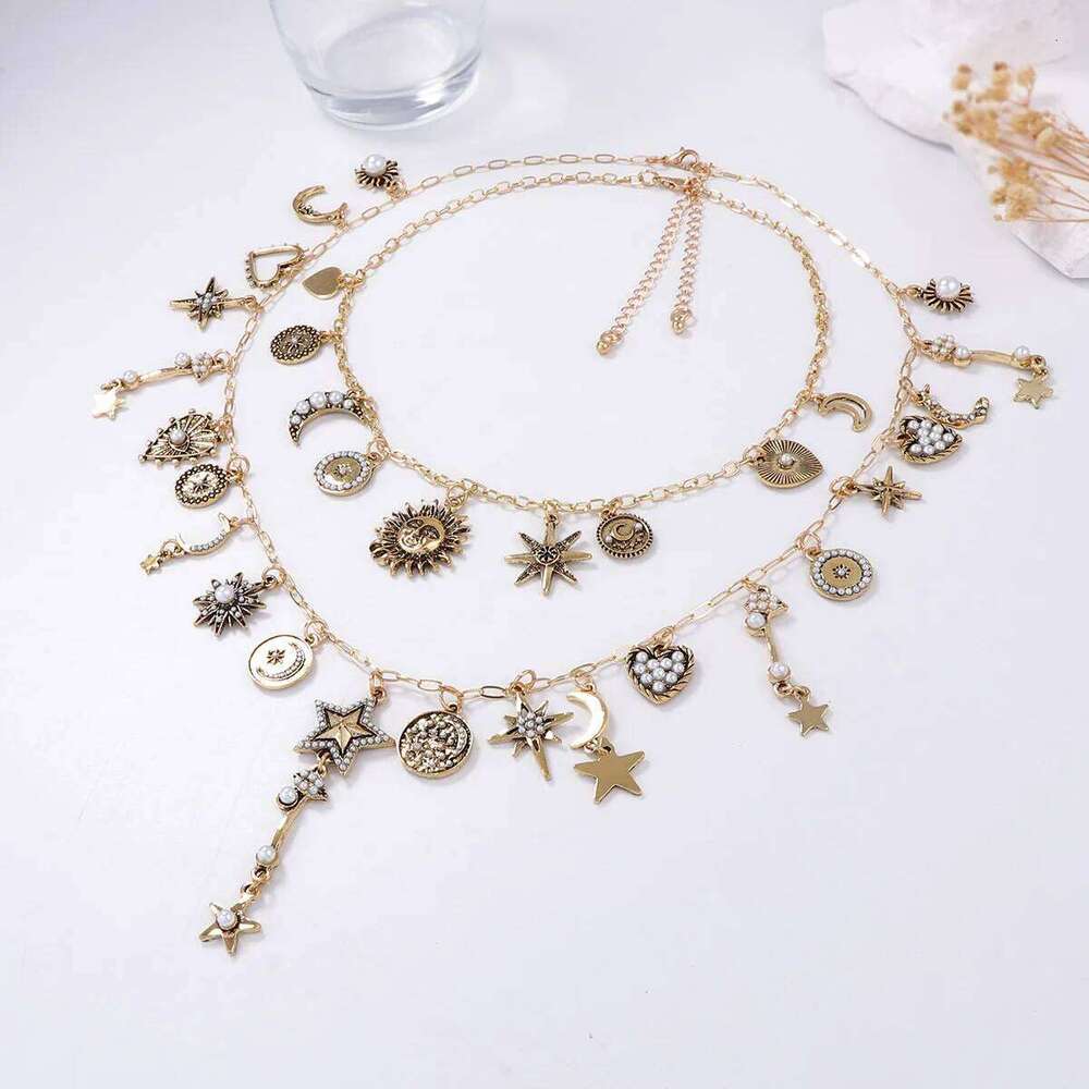 Zvoijio Personalized Trendy Retro Gold Color Alloy Sun Moon Star Chain Necklace for Women H260312