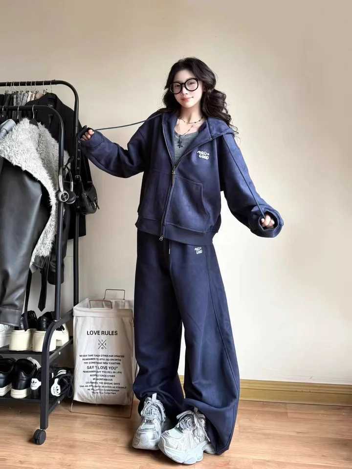 Hong Kong Style Zipper Open Cardigan Set Womens Korean Version Spring Autumn Casual Sports Hooded Two-Piece Trendy Student Wear M260313