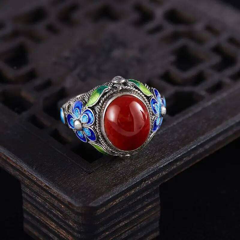Retro Filigree Inlaid Red Burnt Blue Palace Punk Gothic Open Ring For Women Handmade Unisex Designer Jewelry Accessories H260312