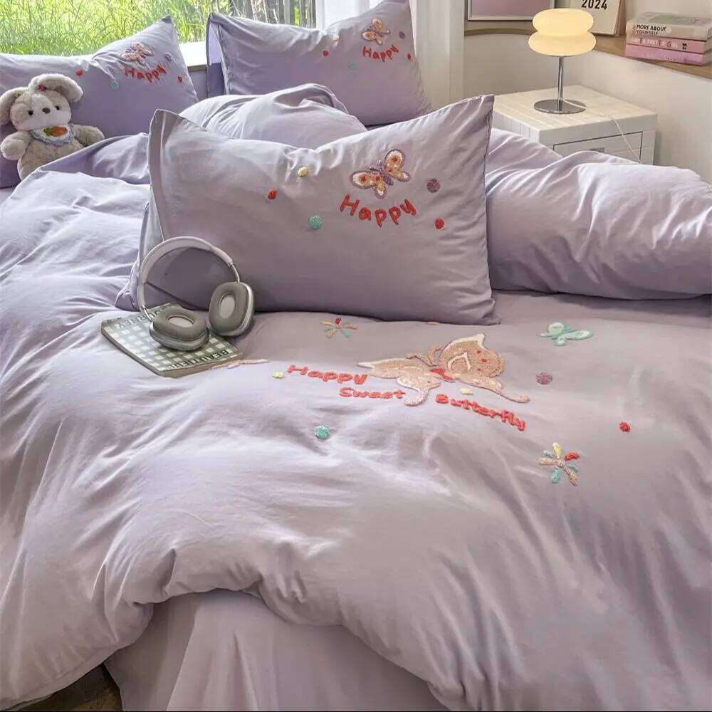 Double Sided Duvet Cartoon Embroidery Bedding Pillowcase Washed Cotton Printing Four-Pieces Set Quilt Cover Bed Sheet H260312 - view 7