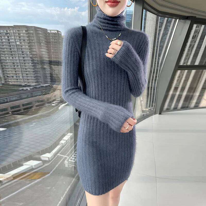 100% Pure Mink Cashmere knitted Dress Women's High-Neck Slim Medium-length Skirts Fashion Sprout Joker High Waist Hip Skirt 2025 Z260313