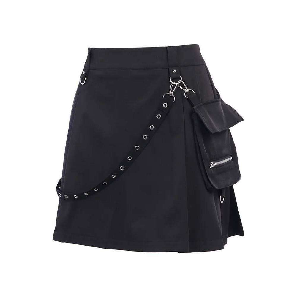 Women Gothic Punk Mini High Waist Half Skirts with Belt Pocket Korean Fashion Pleated Skirt Z260314