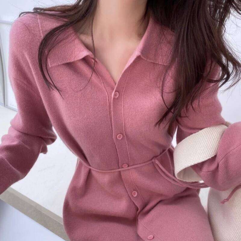 Women Spring Autumn Solid Color Turn Down Collar Long Sleeve Knitting Sweater Cardigan Slim Korean Bodycon Party Midi Dress Z260313