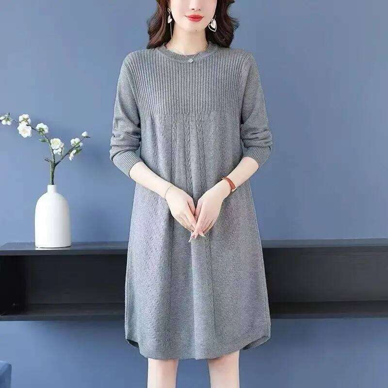 Women's Clothing Elegant All-match Solid Knit Dresses Autumn Winter New Casual Loose Long Sleeve Knee-Length Sweater Pullovers Z260313