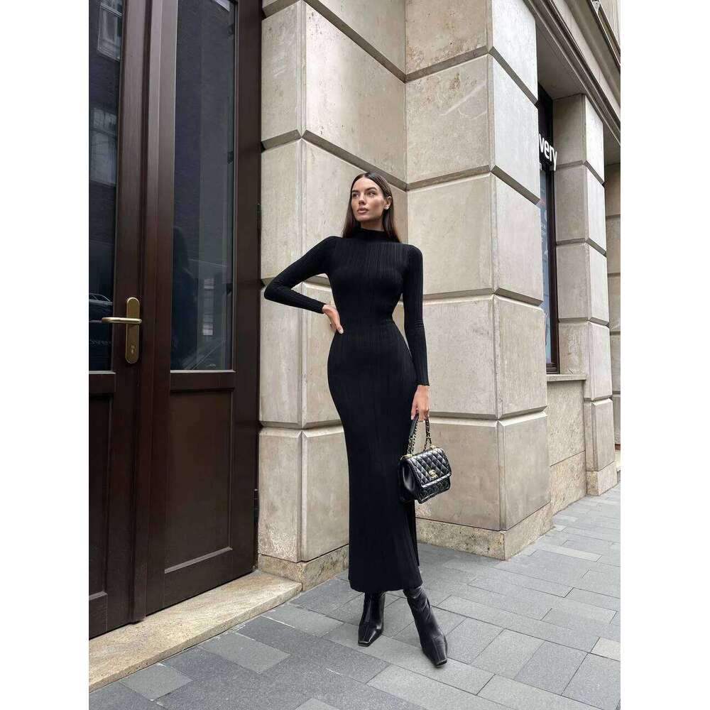 Women Elegant Sleeve Knitted Maxi High Neck Bottoming Striped Sweater Slim Long Dress Bodycon Party Club Streetwear Z260313