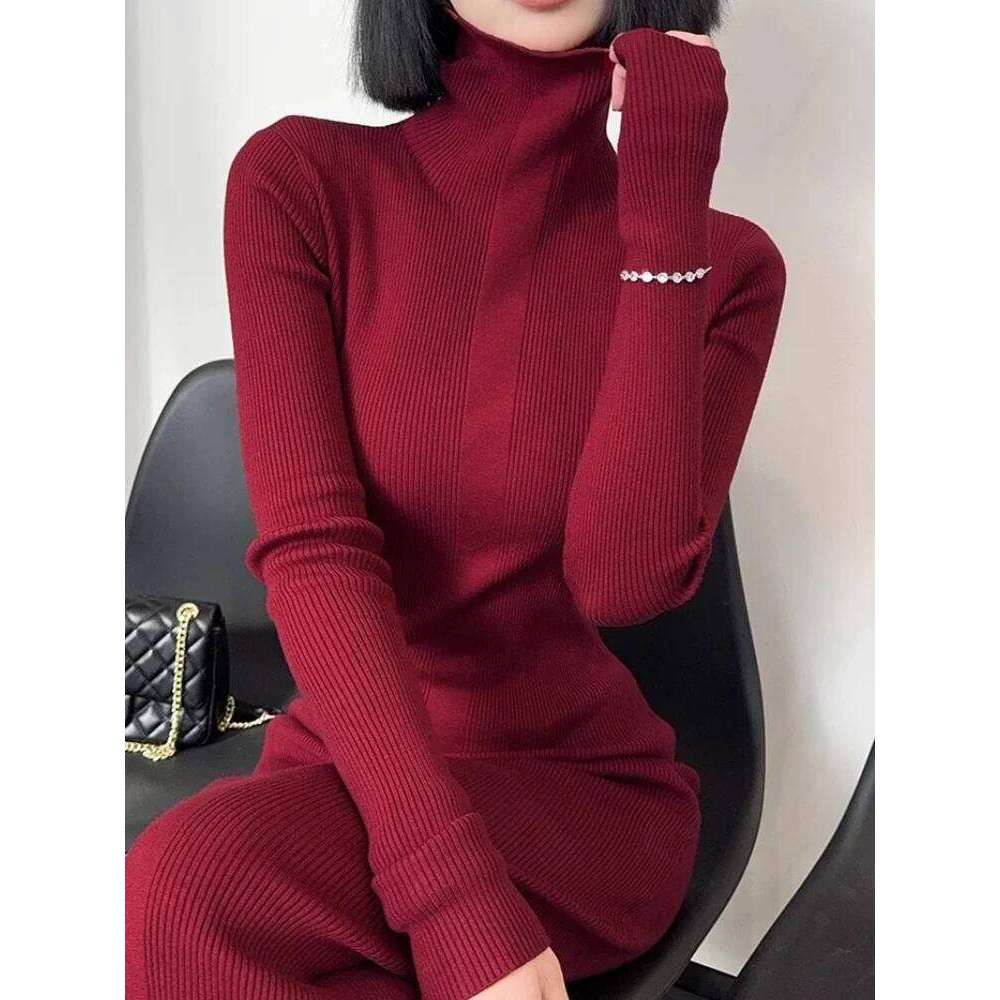 Dress Women Long Sleeve Casual Knitted Basic Maxi Vestidos Bodycon Sexy Turtleneck All-match Temper Seductive Korean Style Ins Z260313