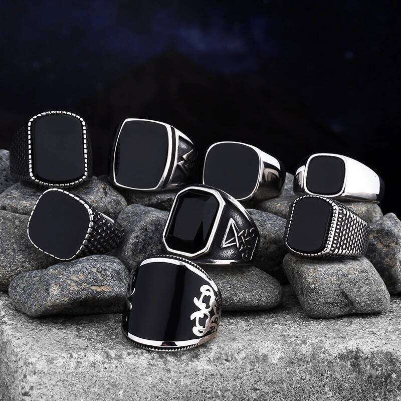 Simple Fashion Stainless Steel With Black Agate Stone Rings For Men Women High Quality Wedding Jewelry Gifts Dropshipping H260312