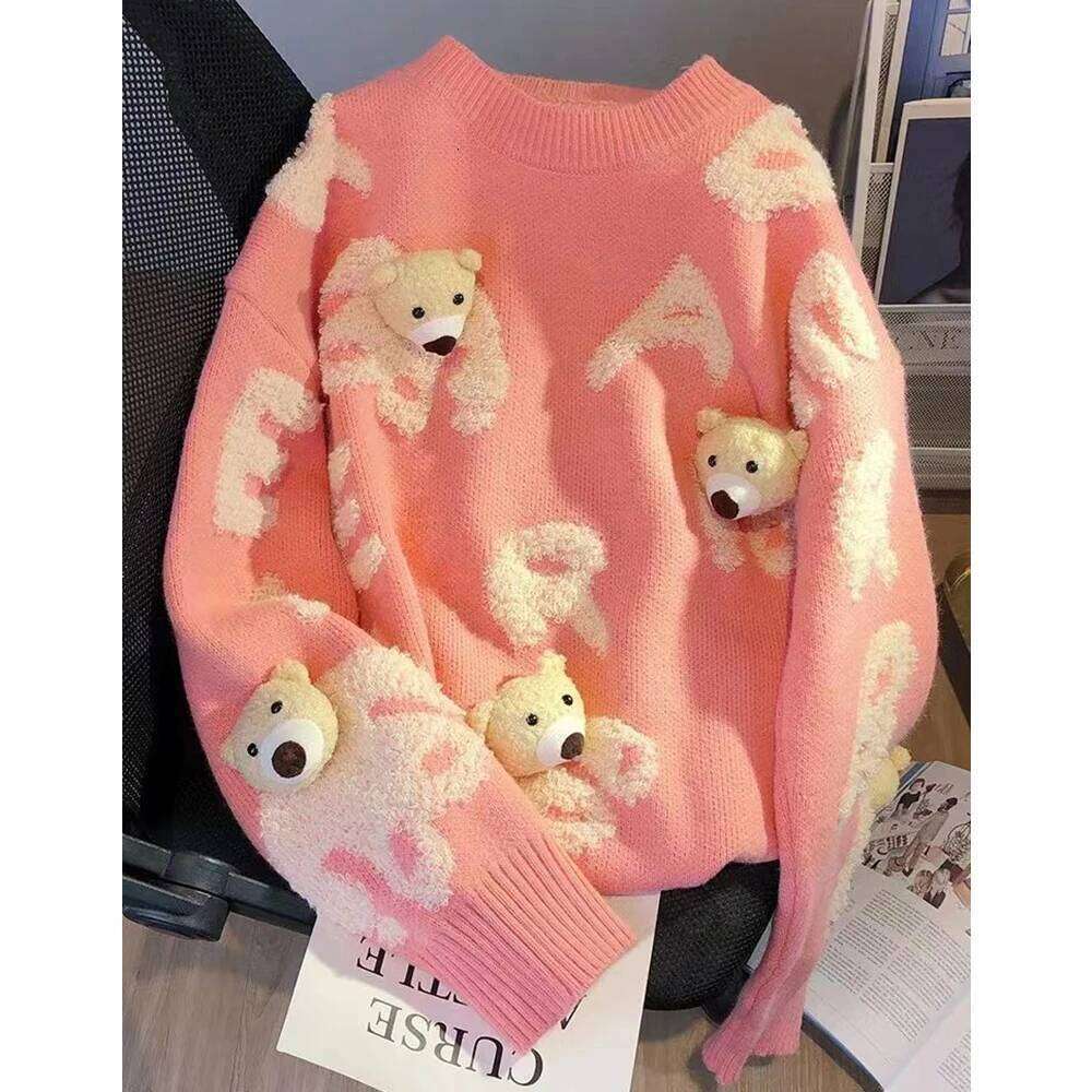 Women's Autumn Winter Cute Bear Letter Sweater Pullovers Lady Fashion O-Neck Loose Knitted Top Falls New Knitwear Clothes Female Z260313