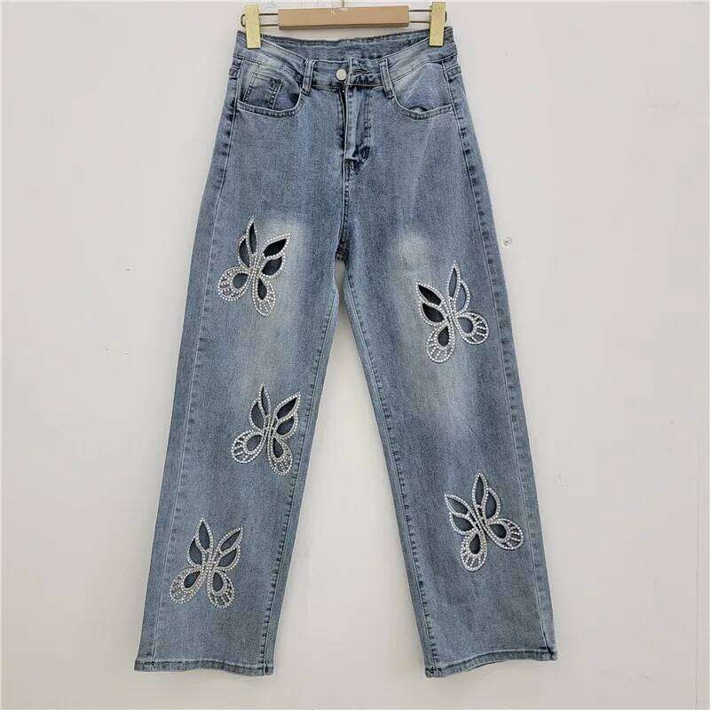 YEAE Women's Jeans High Waist Straight Flowers Shape Hollow Out Rhinestone Wide Leg Denim Pants 2025 New Fashion Spring Z260313
