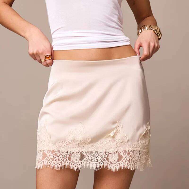 Womens Satin Half Slips Casual Trim Elastic Waist A Line Elegant Lace Mini Y2k Skirts Z260314