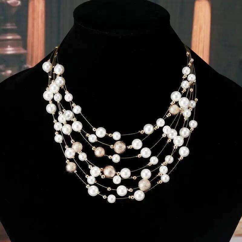 KMVEXO 2020 New Fashion Jewelry Gold Color Multi Layer Chains Imitation Pearl Necklaces For Women Party Wedding Bride Necklace H260312