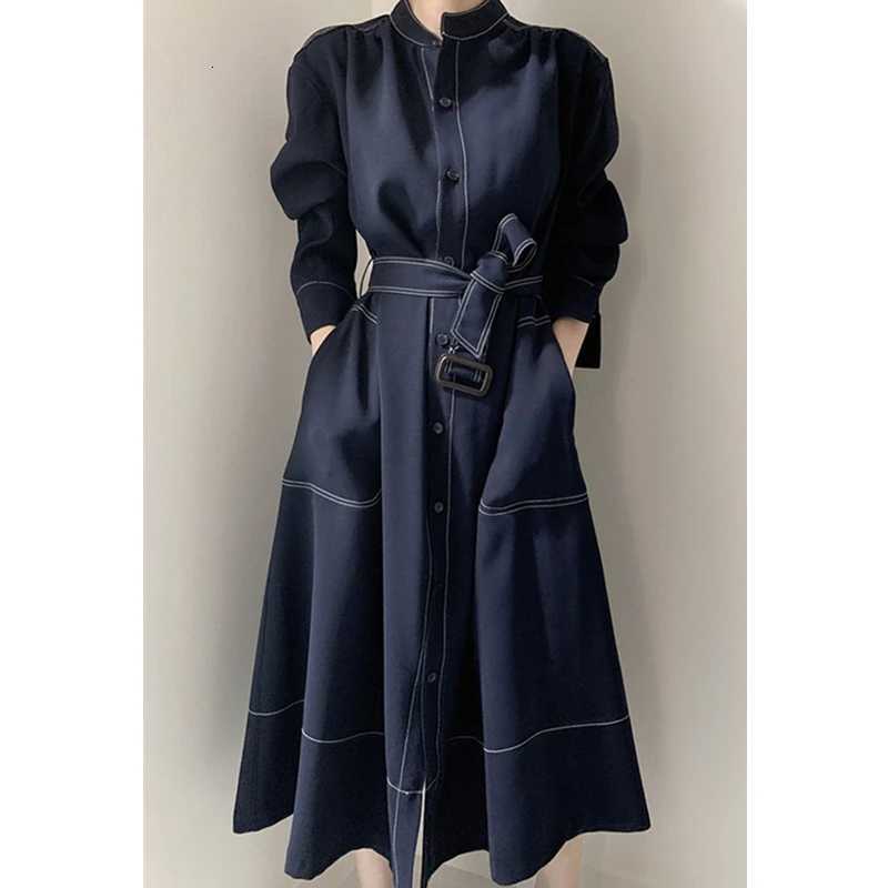 REALEFT Spring Autumn Single Breasted Womens Shirt Dresses Sashes 2024 New Stand Collar Korean Casual Straight Dress FemaleT260314