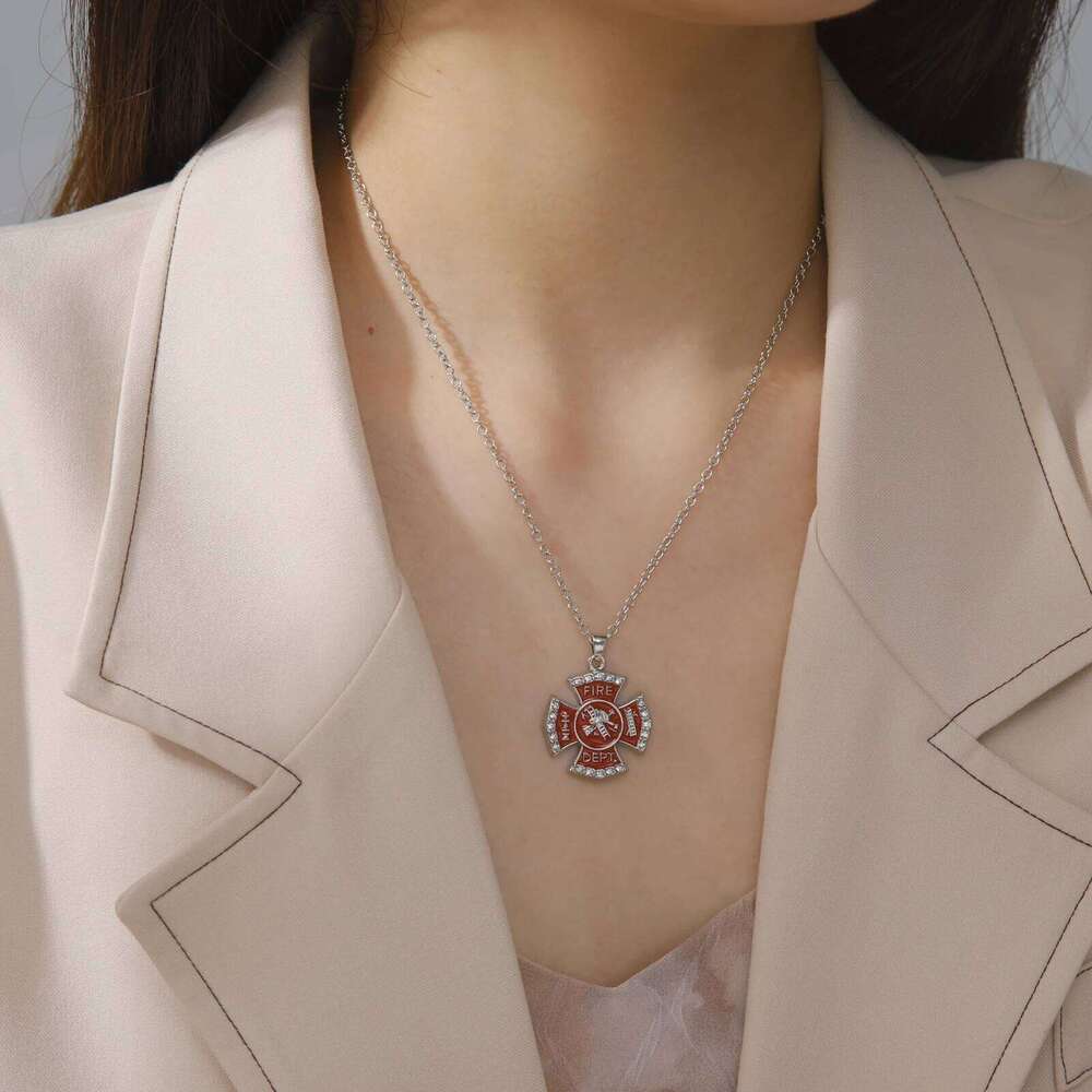 Fishhook Fire Alarm Dept Necklace Fireman Safe Life Red Chain Firefighter Sheld Gift For Man Woman Enamel Crystal Zircon Jewelry H260312