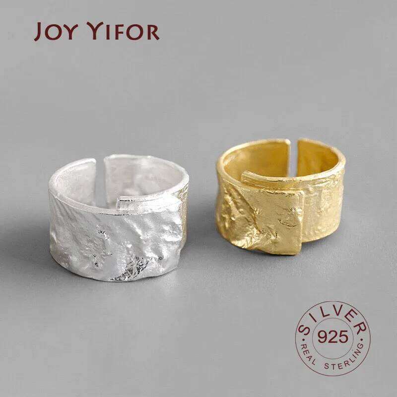 Wide 925 Sterling Open Ring for Women INS & Silver Color Gold Foil Concave-convex Irregular Face H260312