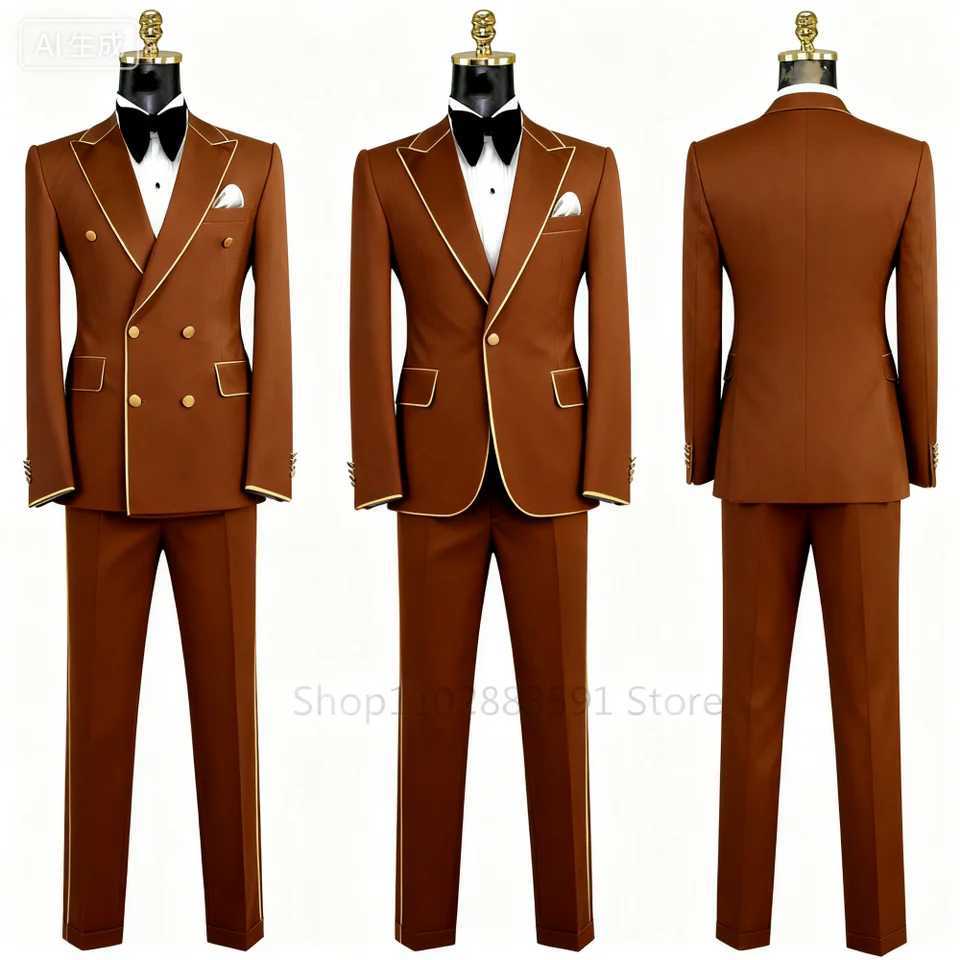 Mens Double Breasted Terno Smoking Suit Formal Fino2 Fit Notch Lapel Solid Color Wedding Guest Khaki 2-Piece Suit for Ceremony M260313