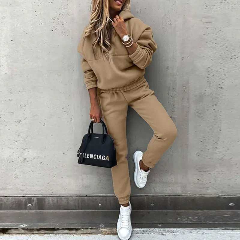 Winter Tracksuit Women Two Piece Set - Oversized Hoodie Sweatpants Solid Color Sportswear Suit Casual Sweatshirt Trouser Set M260313