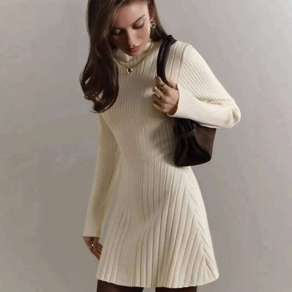 Knitting Women's 2025 Spring Knitted Dress Long Sleeve Semi-High Neck A Line Skirt For An Elegant And Playful Look Z260313