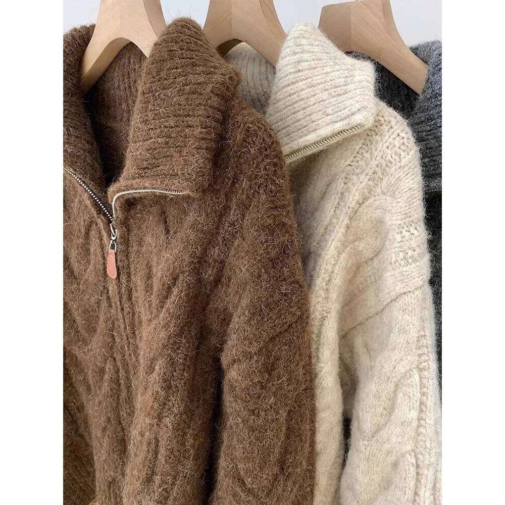 Autumn Winter New Lazy Style Knitted Women Cardigan Retro Solid Double Zipper Turn-down Collar Sweater Thicken Loose Tops Z260313