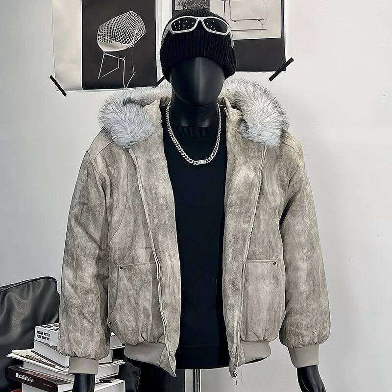 Y2K Cotton with fur collar eagle embroidered tie-dyeed winter men's design outdoor jacket thick and comfortable Z260313