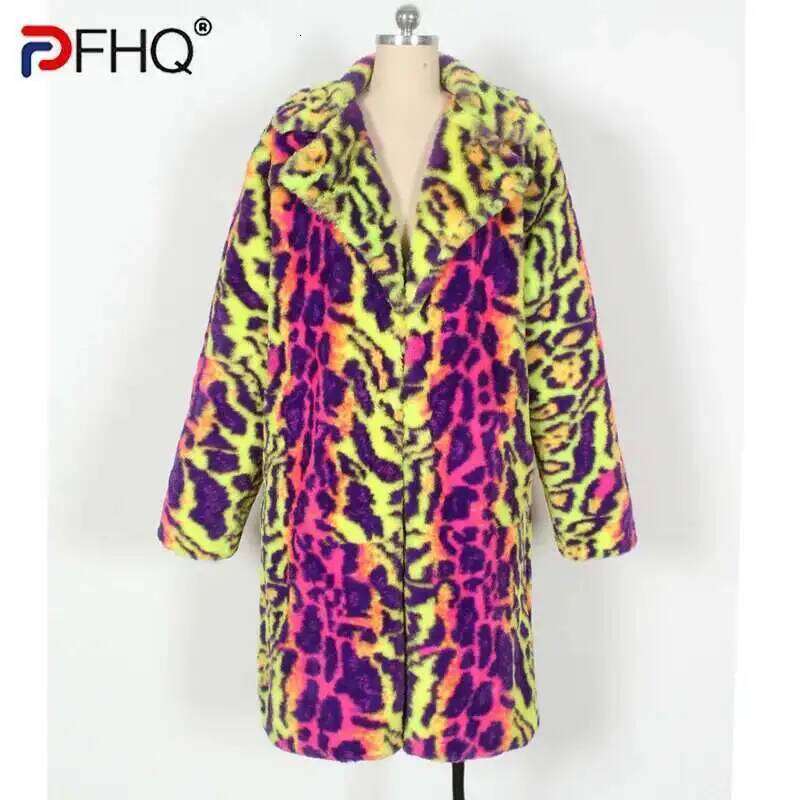 PFHQ Men's Faux Fur Coat Autumn Winter Warm Plush Jacket Leopard Print Contrast Color 2025 Long Sleeve Male Tops 21Z8047 Z260313