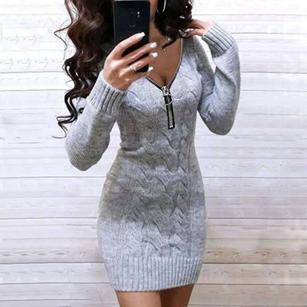 Women Sexy Slim Fit Knitted Sweater Dress Spring New V-neck Zip Long Sleeve Pullover Jumper Solid Casual Lady Mini Party Dresses Z260313